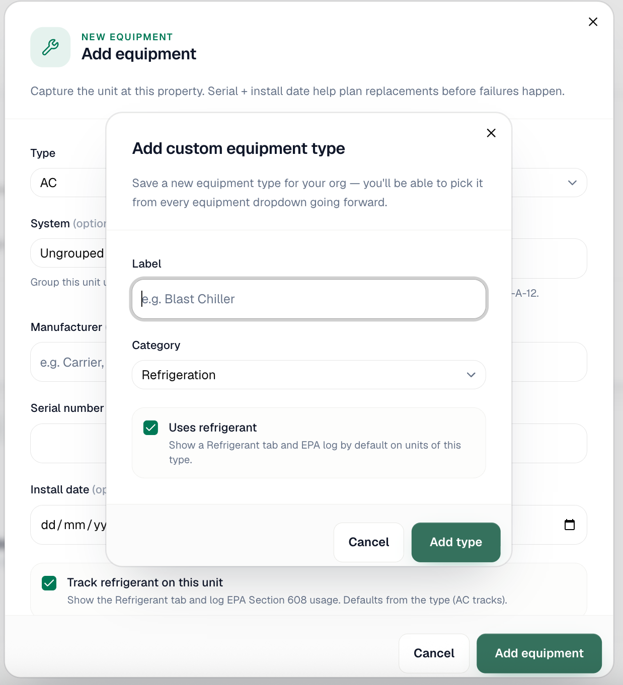 The Add custom equipment type dialog