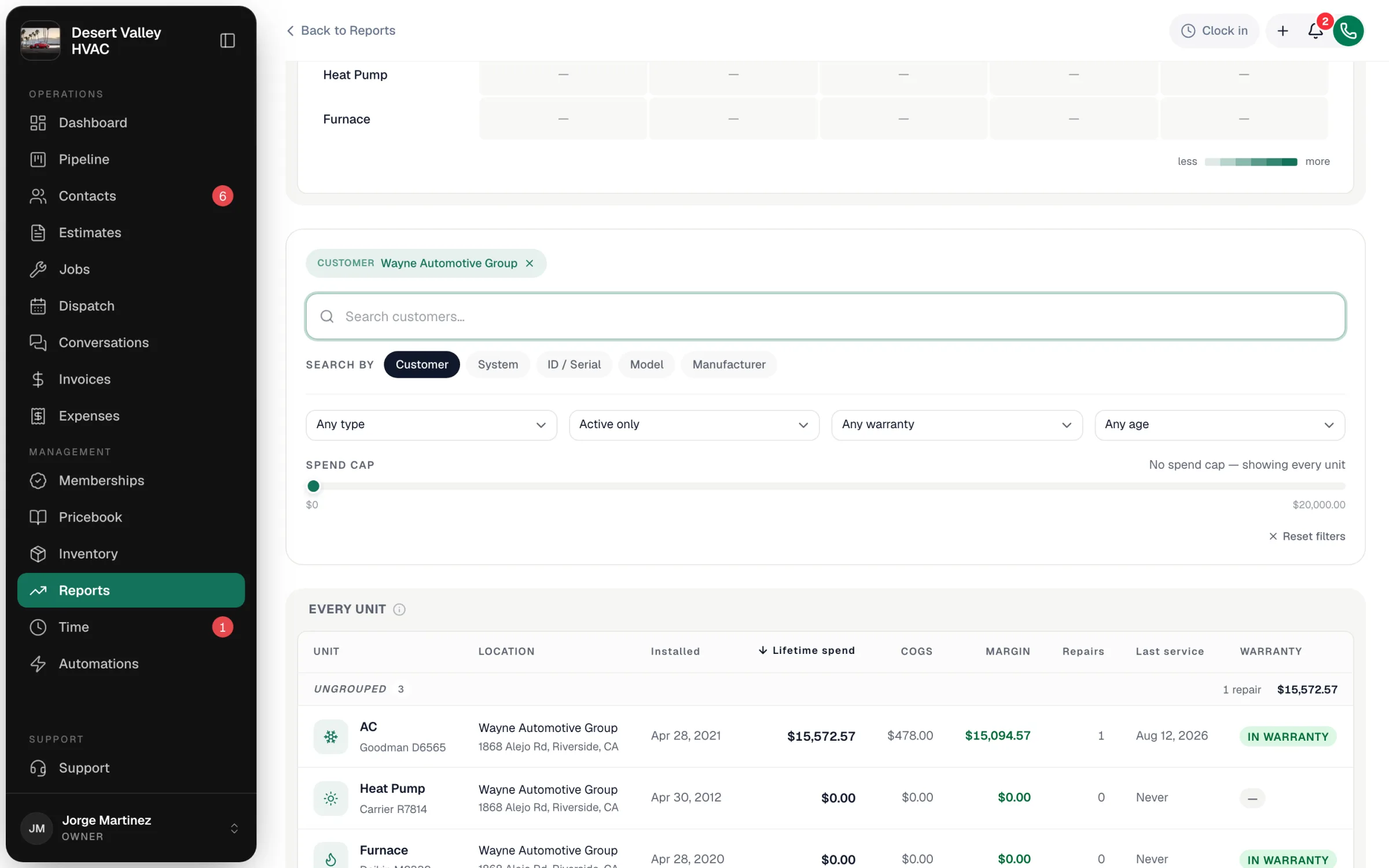 Report filters for one customer: Search by pills, type, status, warranty and age dropdowns, and the spend cap slider