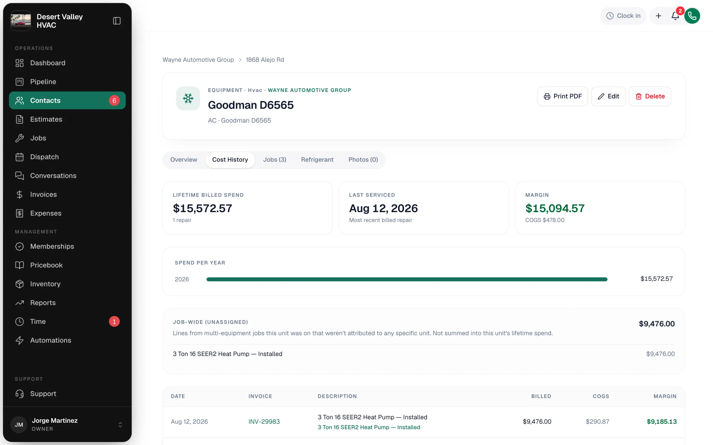 Cost History tab showing lifetime billed spend, last serviced, margin, spend per year and the job-wide section