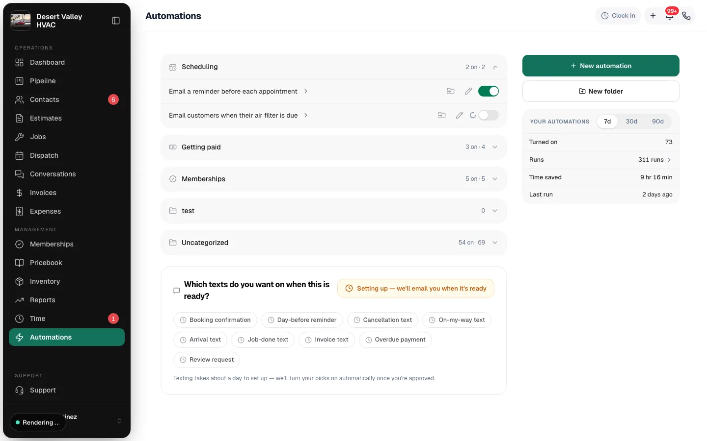 Scheduling folder on the Automations page with Email customers when their air filter is due switched on