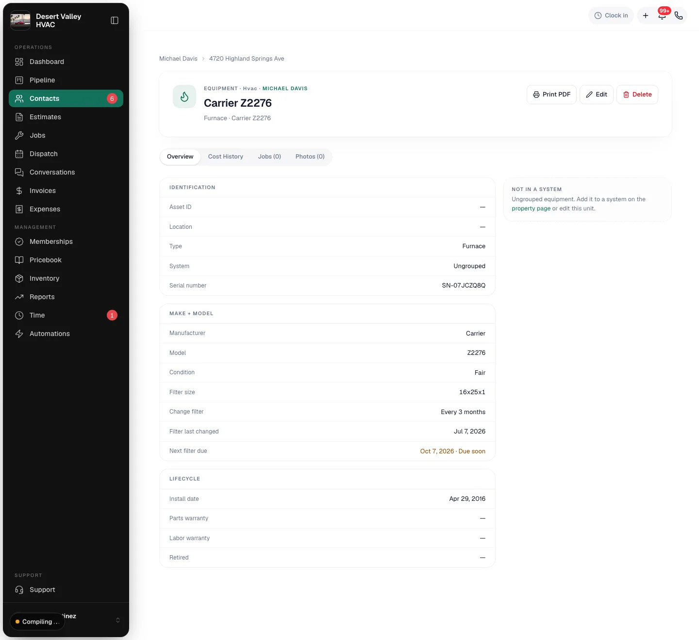 Unit page showing Filter size, Change filter, Filter last changed and Next filter due