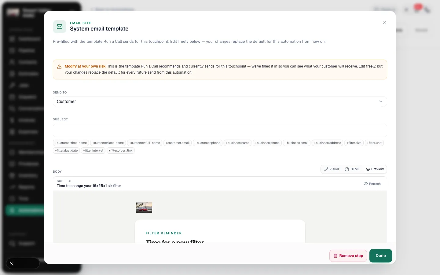 Filter reminder email with the filter size, unit and due date, and an Order 16x25x1 filters button