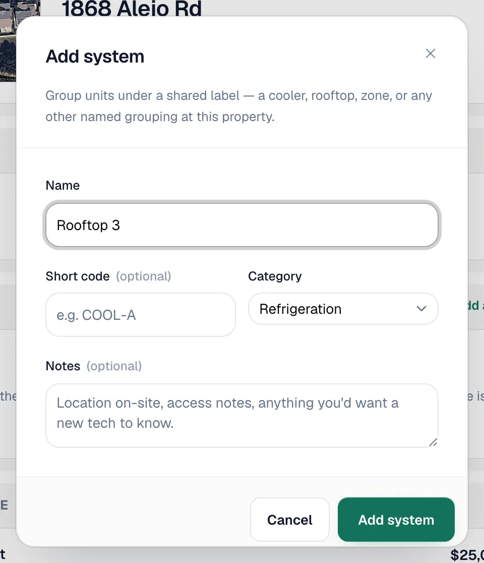Add system dialog with Name, Short code, Category and Notes fields
