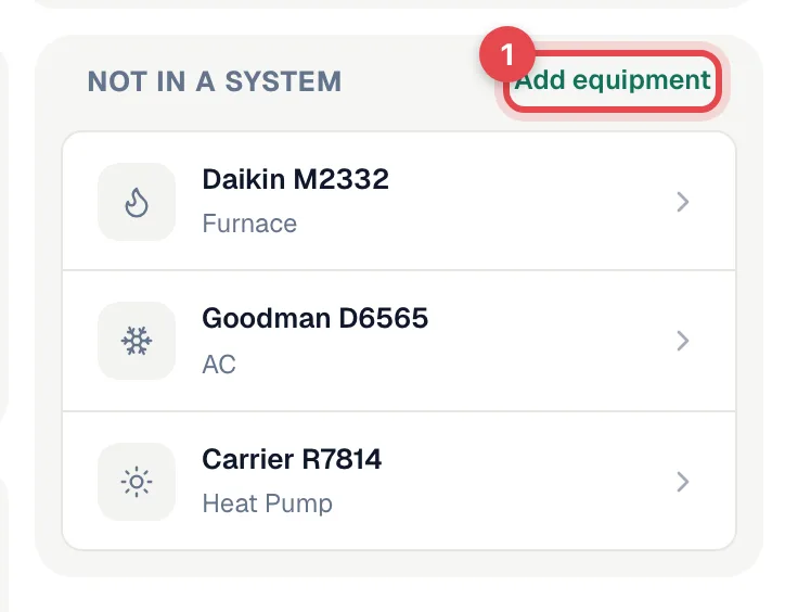Not in a system list on the property page with Add equipment highlighted