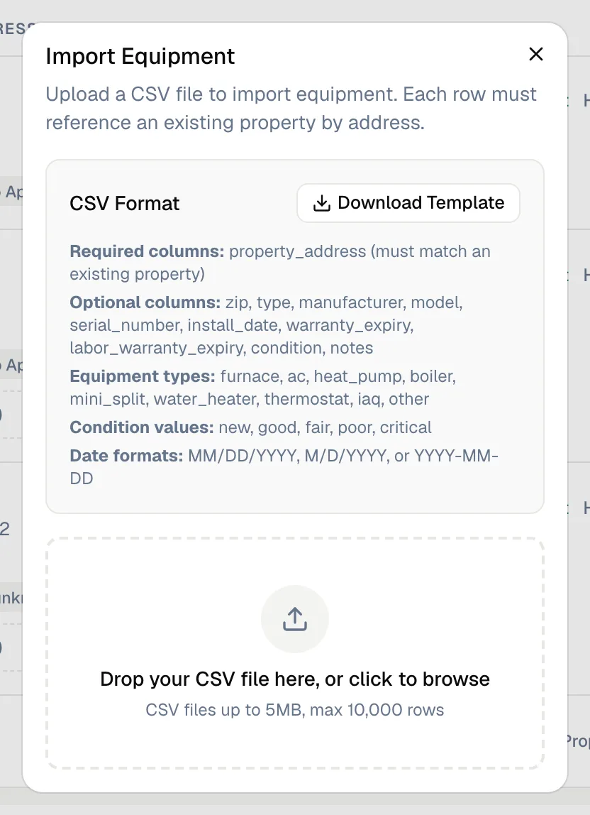 Import Equipment dialog with CSV format notes, Download Template and the upload area