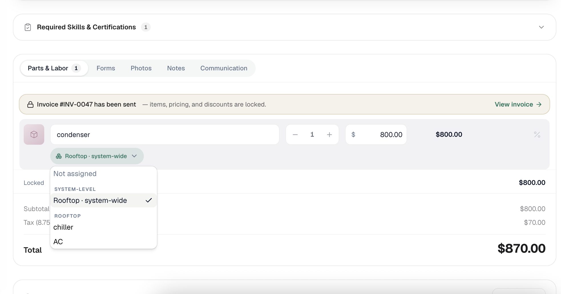 Line items on a multi-equipment job with the assignment picker open