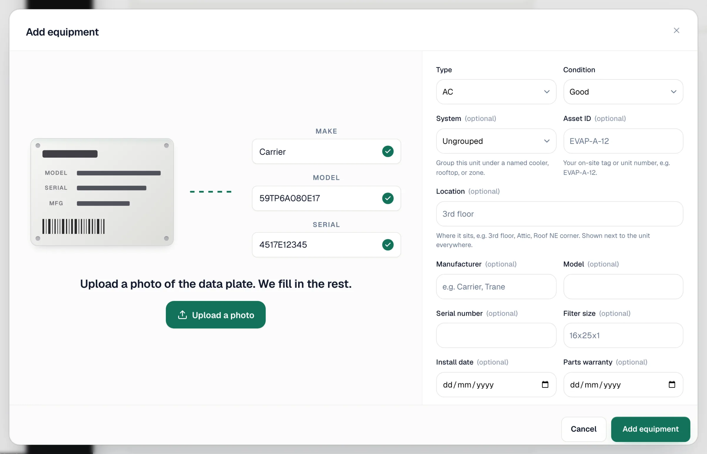 Add equipment form with the data plate upload area and the equipment fields