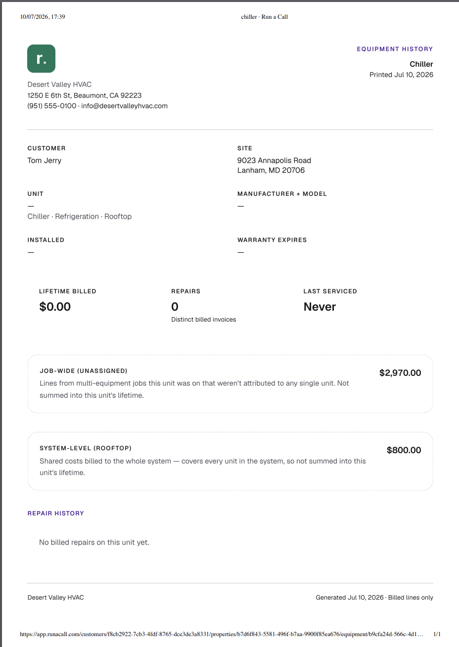 The printed equipment history document