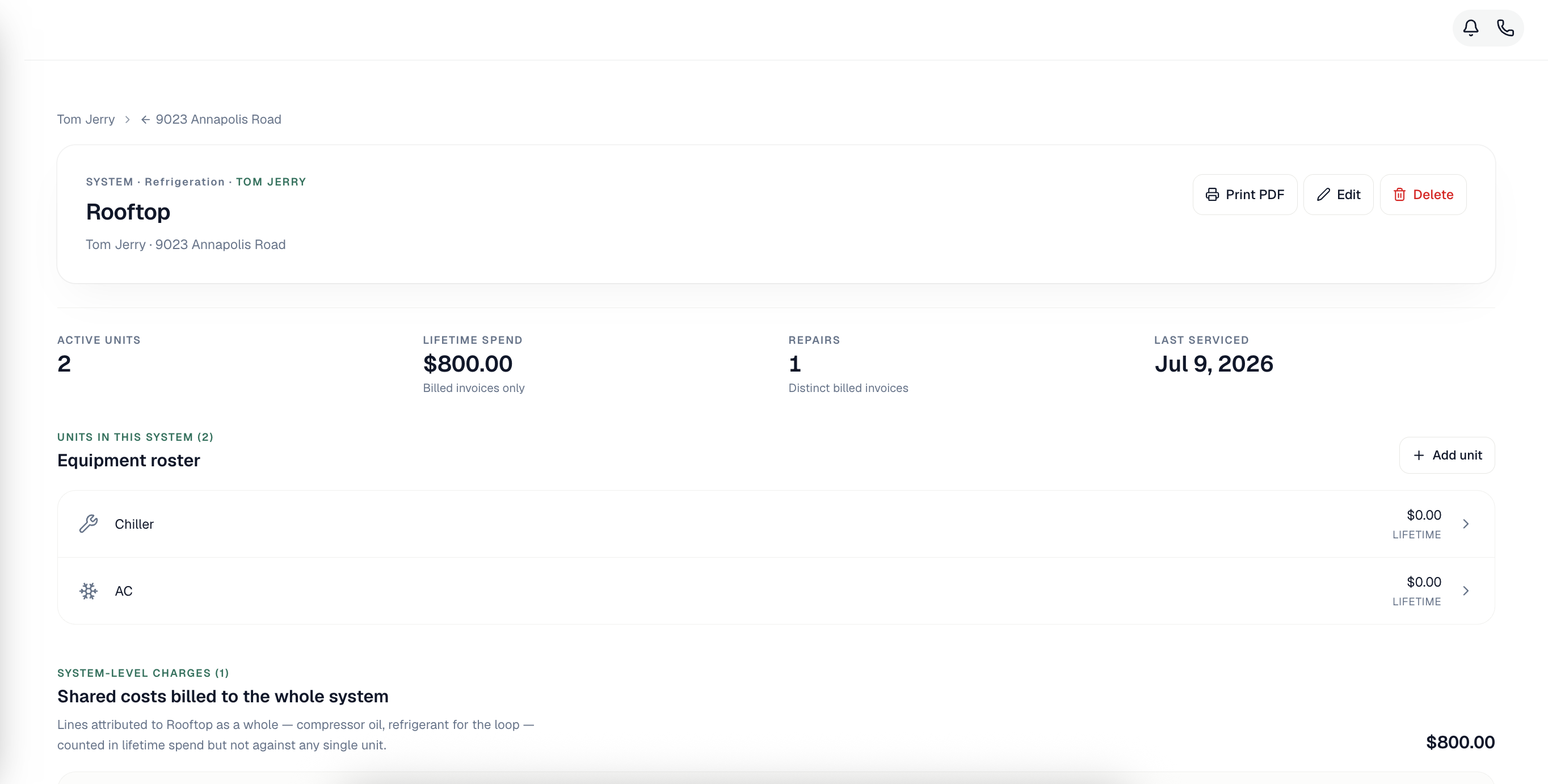 System page with stats and the equipment roster