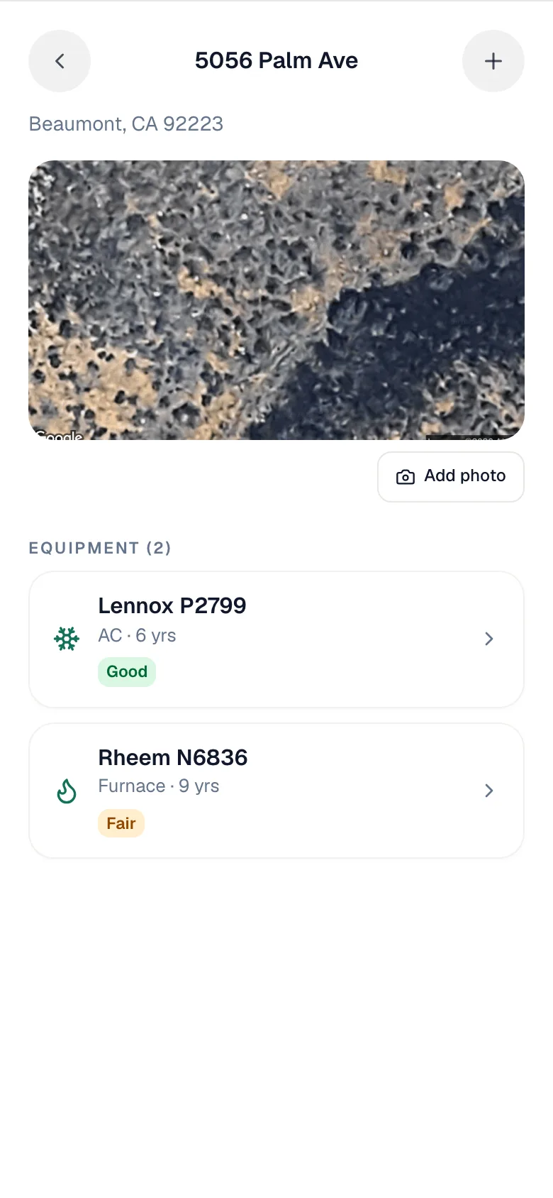 Field app equipment sheet for an address listing two units with their age and condition