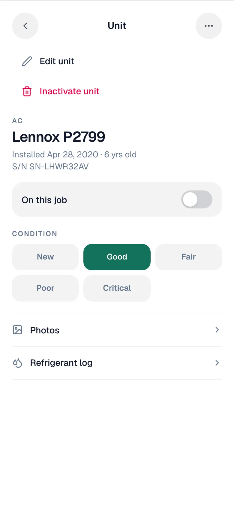 Field app unit menu with Edit unit and Inactivate unit