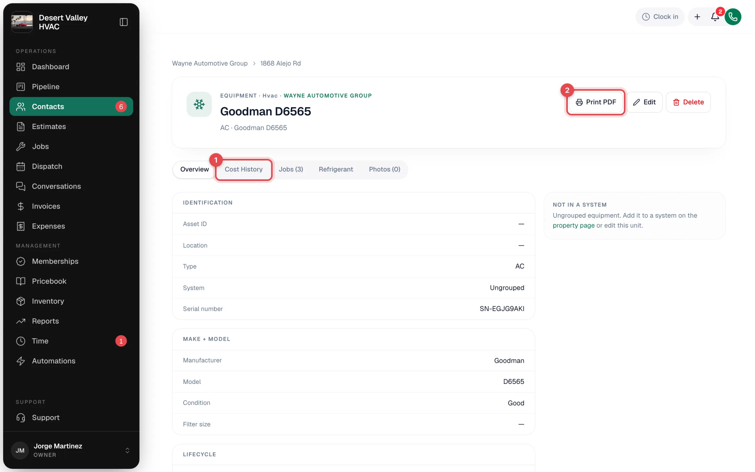 Unit page on the Overview tab with the Cost History tab and Print PDF button highlighted