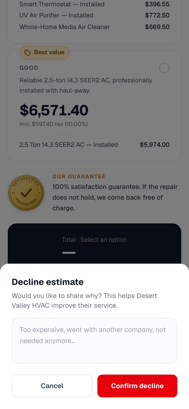 Decline estimate panel with an optional reason and Confirm decline