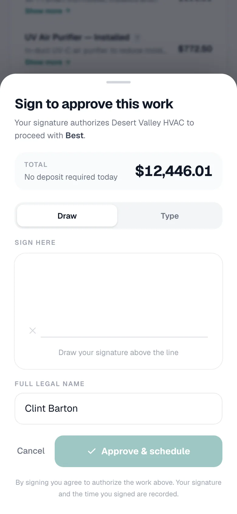 Sign to approve this work panel with Draw or Type, the signature box and Full legal name