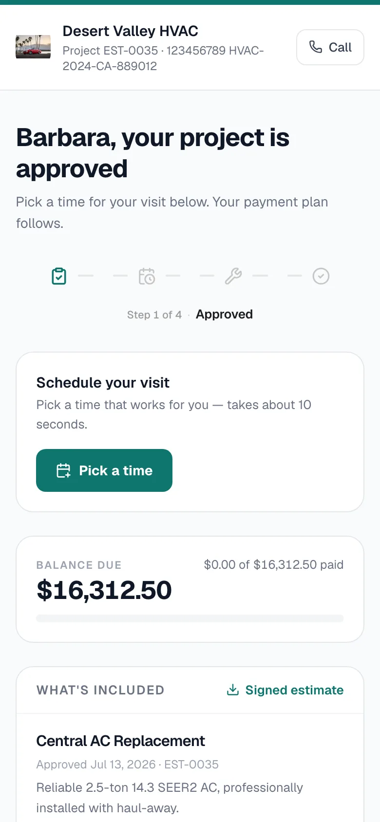 Customer project page after approval: Schedule your visit with Pick a time, the balance due and the signed estimate