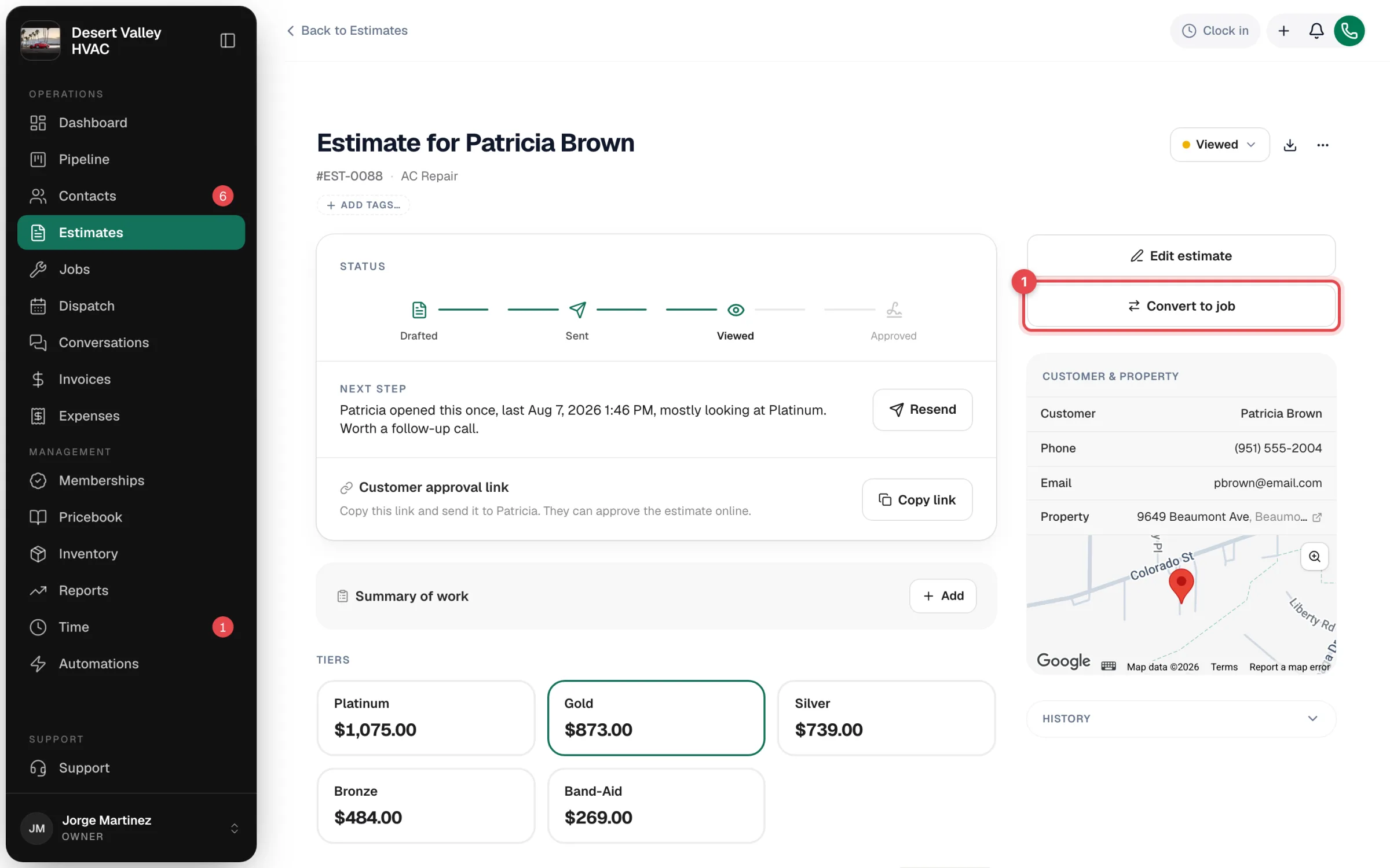A viewed estimate with the Convert to job button highlighted on the right