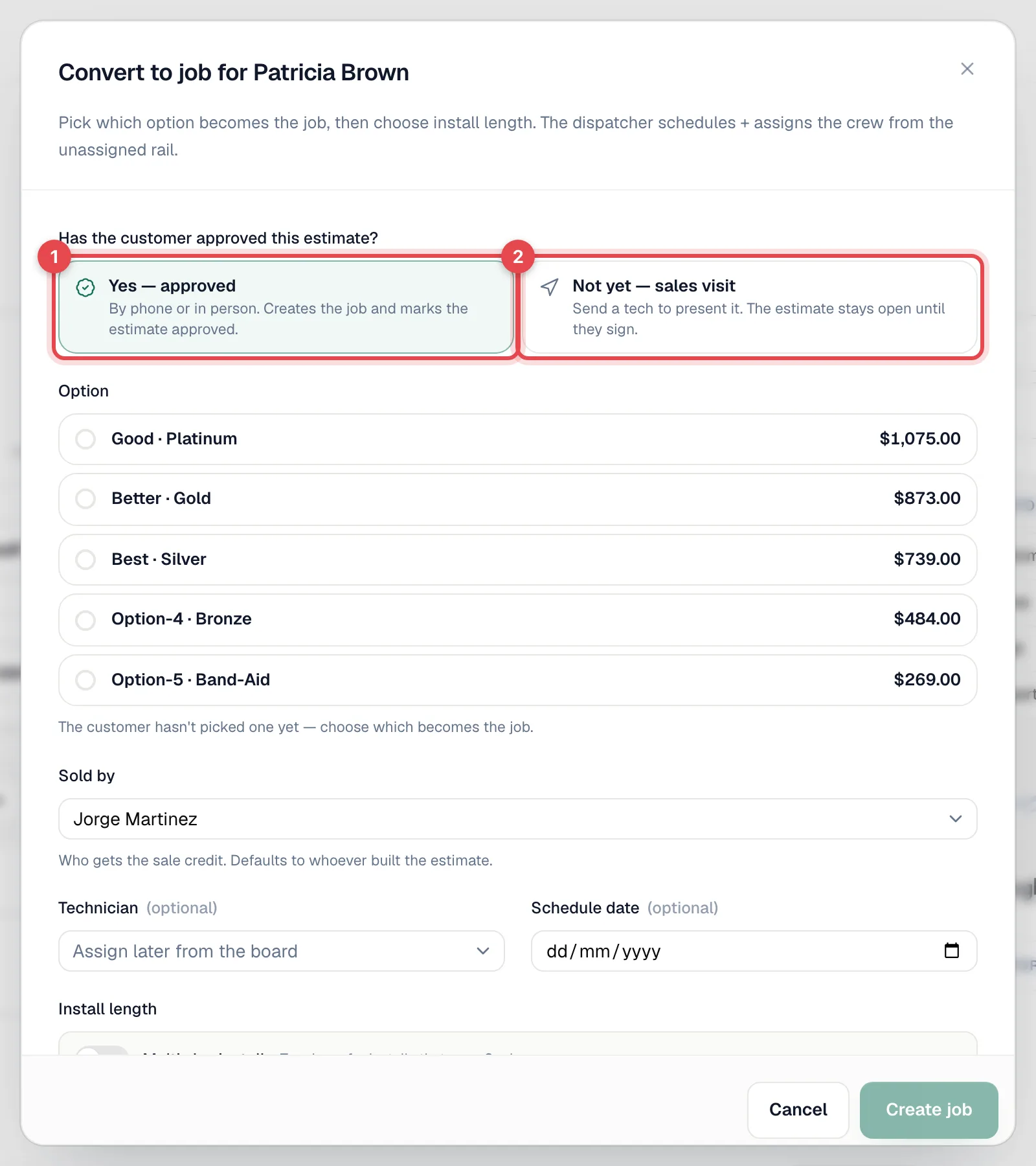 The Convert to job window with the Yes — approved and Not yet — sales visit choices highlighted