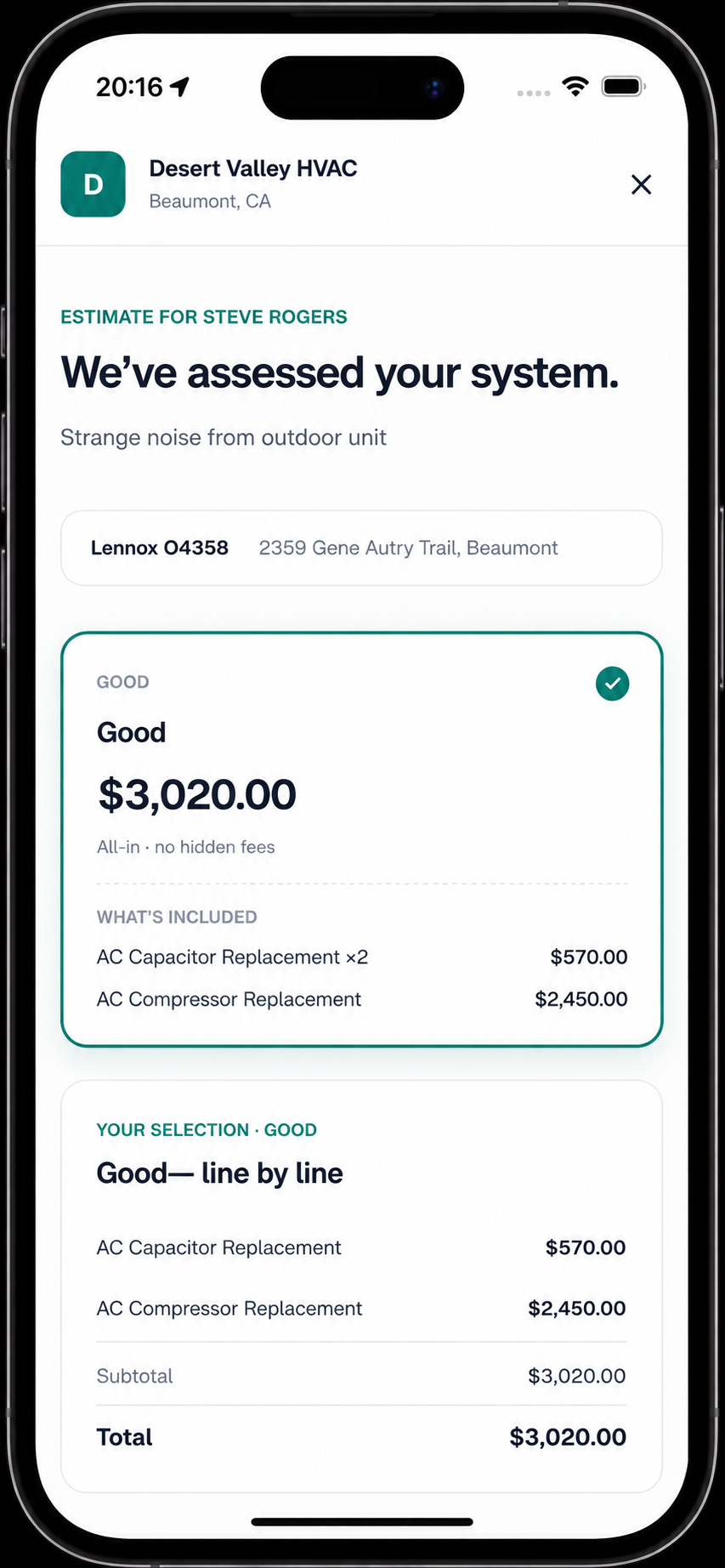 Customer-facing estimate on mobile