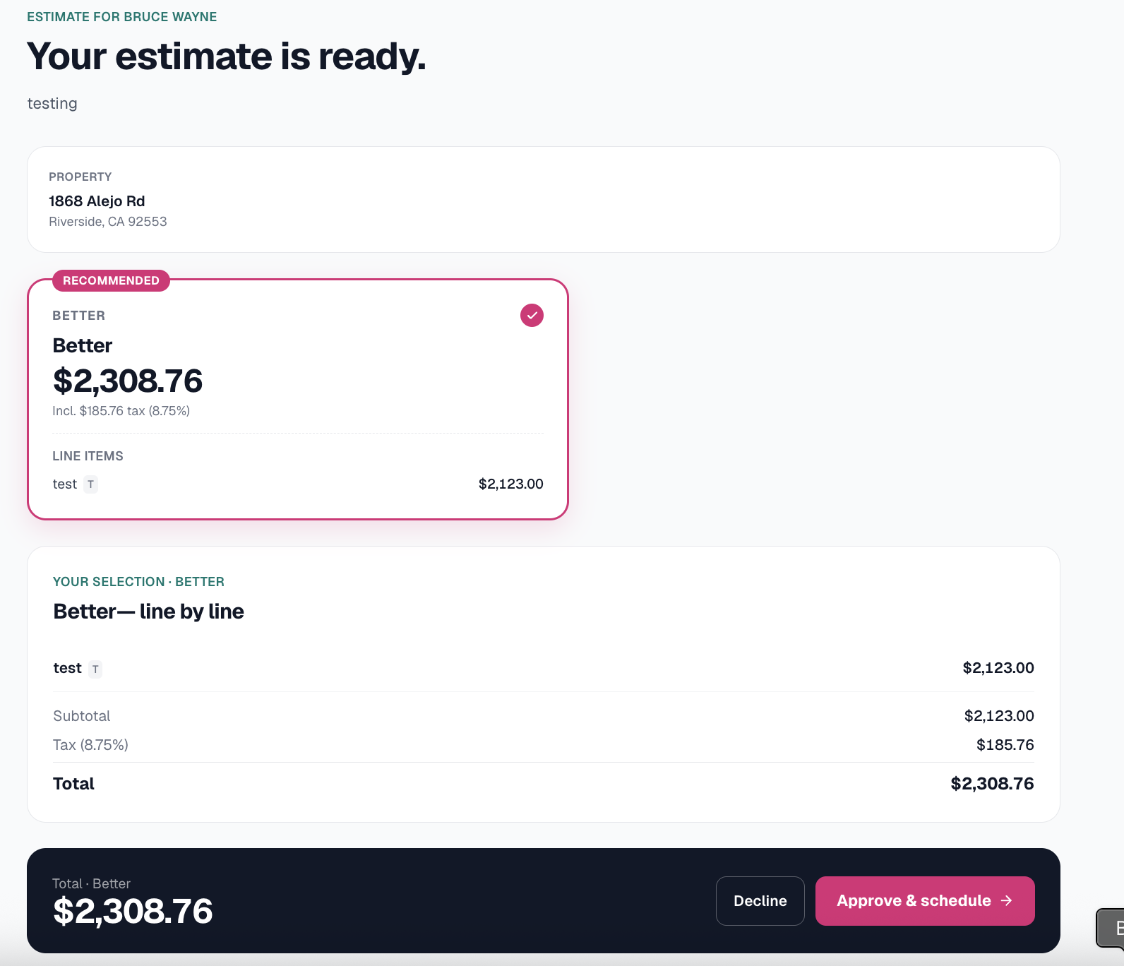 Customer-facing estimate page