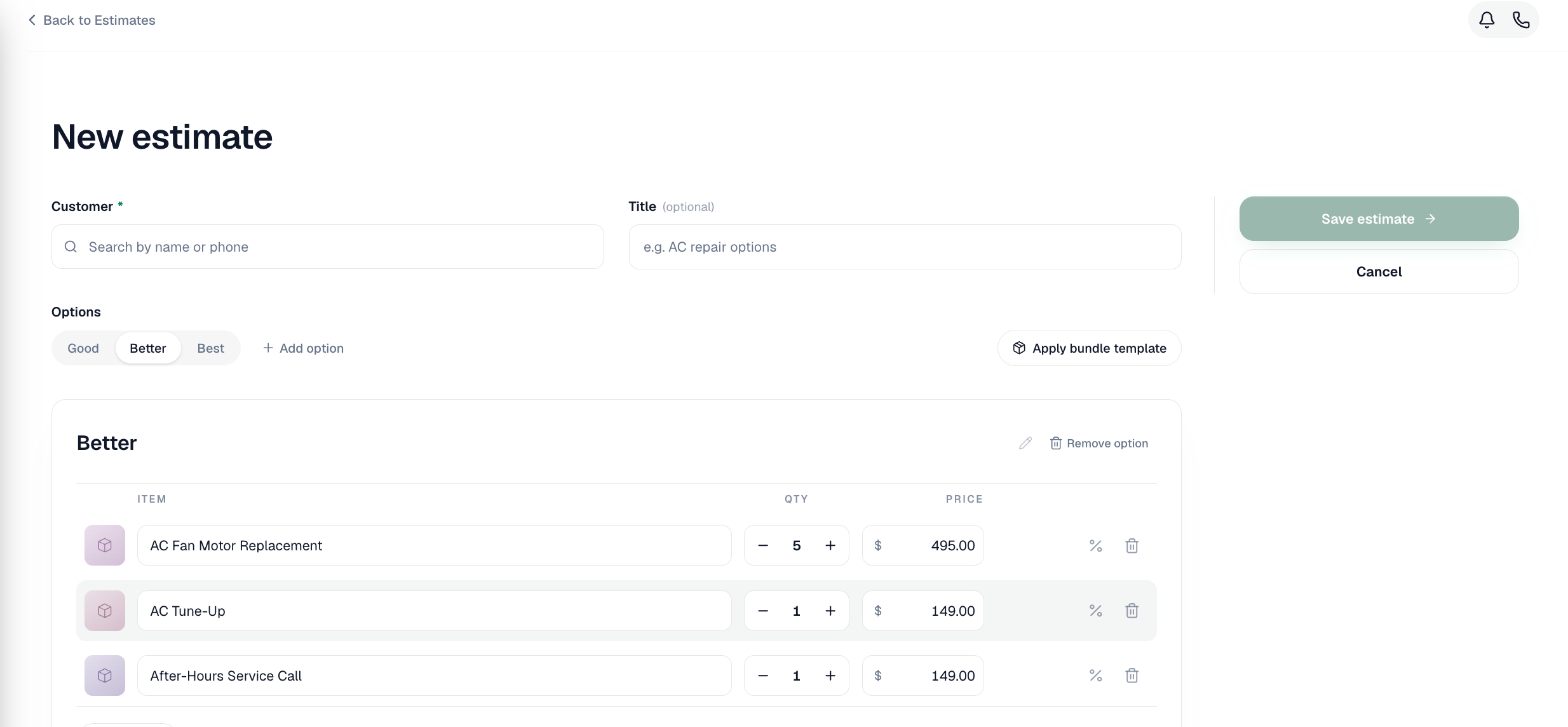 Estimate builder
