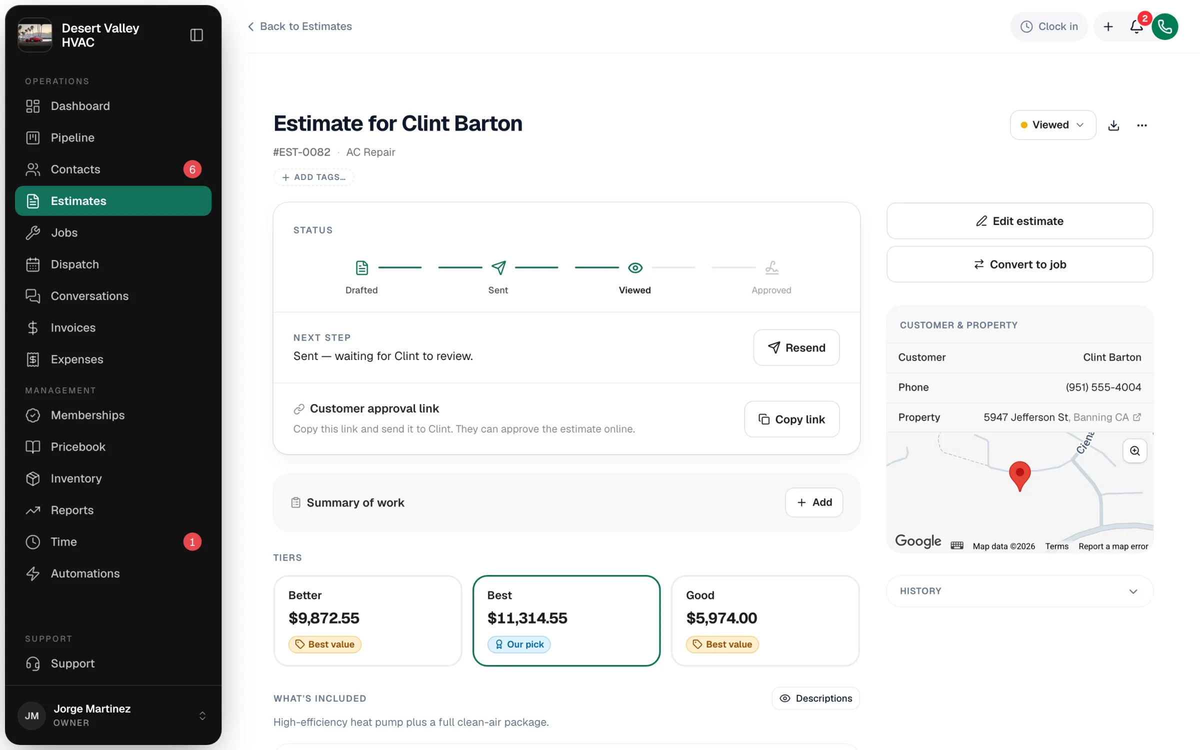 Estimate page for a viewed estimate with the status steps, Resend, Customer approval link and the tiers