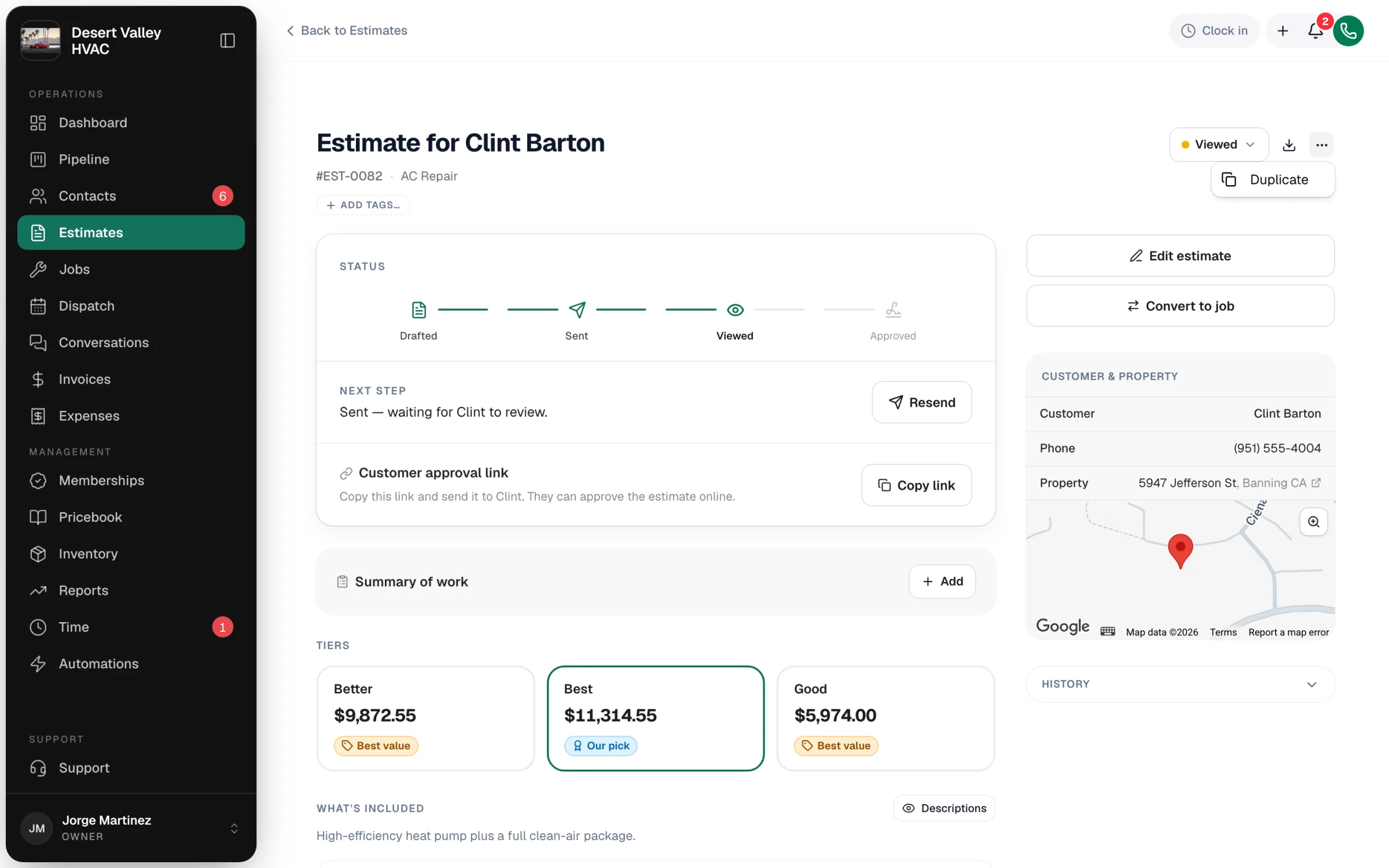 Estimate page with the ⋯ menu open showing Duplicate