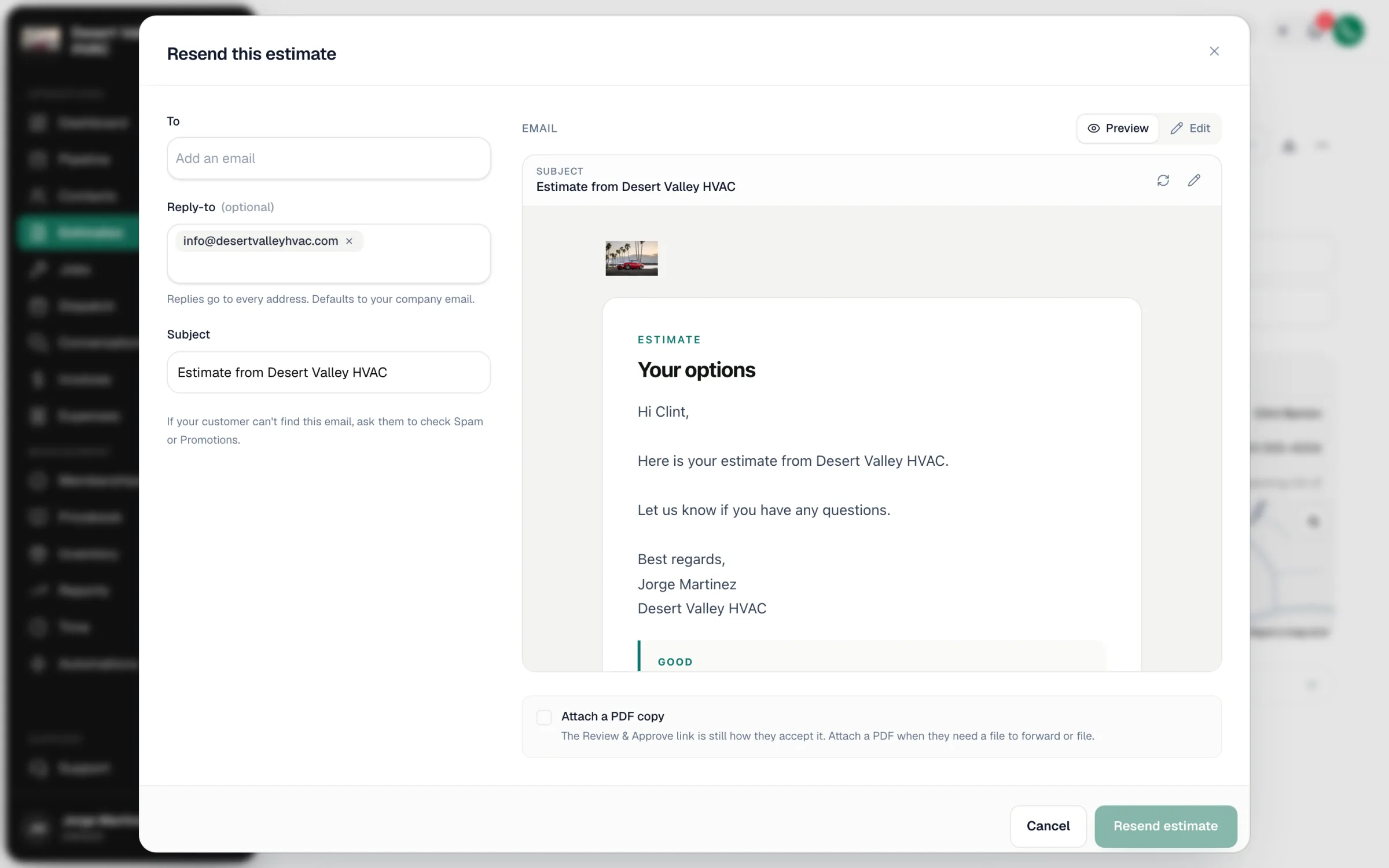 Estimate email window (shown here as Resend this estimate) with To, Reply-to, Subject, the email preview and Attach a PDF copy