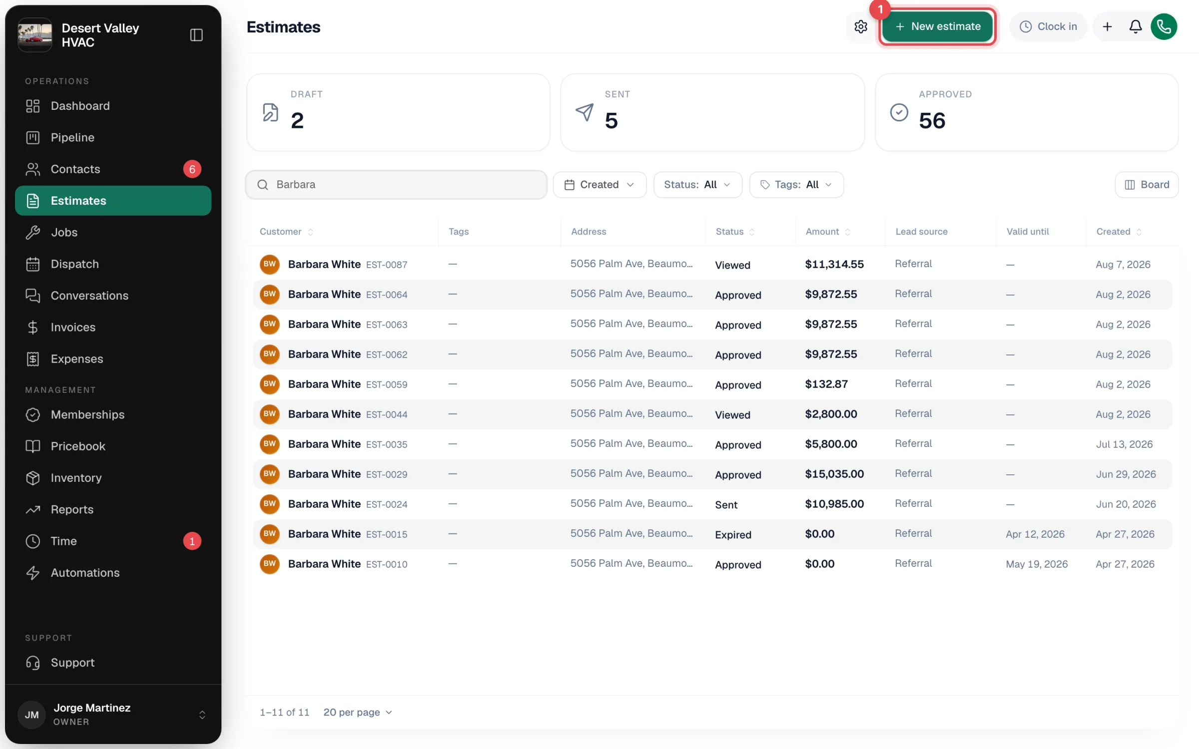 Estimates page with the New estimate button highlighted