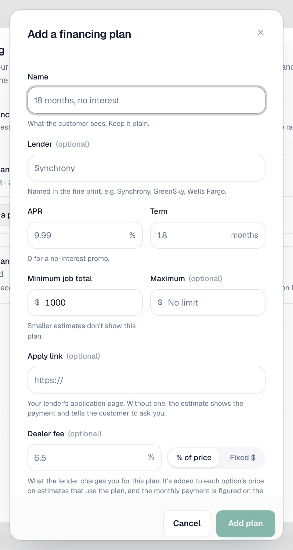 Add a financing plan window with Name, Lender, APR, Term, Minimum job total, Apply link and Dealer fee