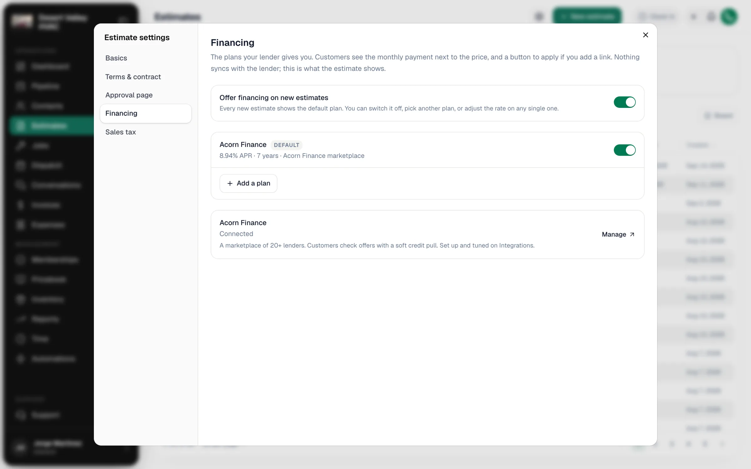 Estimate settings, Financing section, with Offer financing on new estimates, the plan list and Add a plan