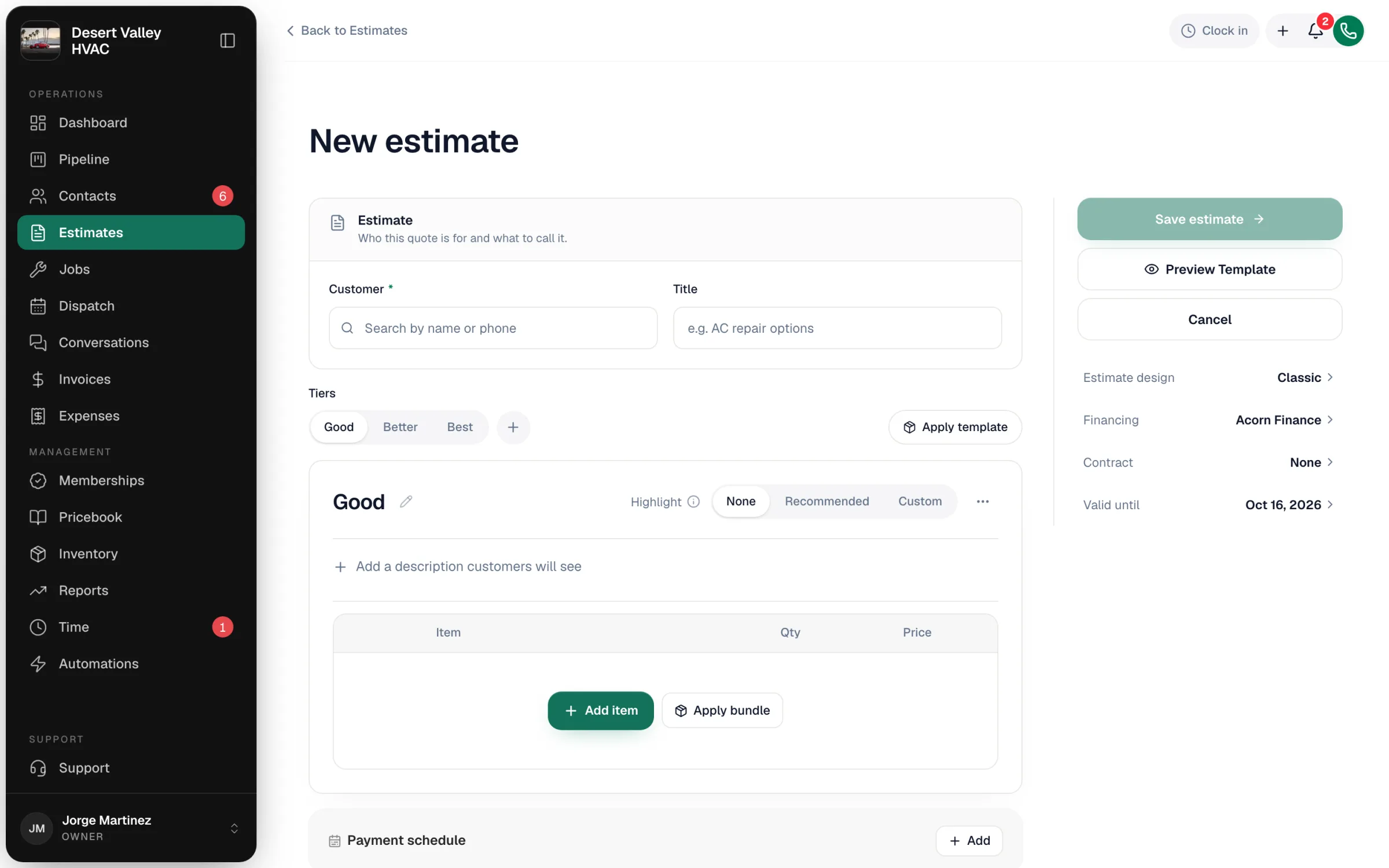 New estimate page with Customer, Title, the Good/Better/Best tiers, Add item and the right-hand settings