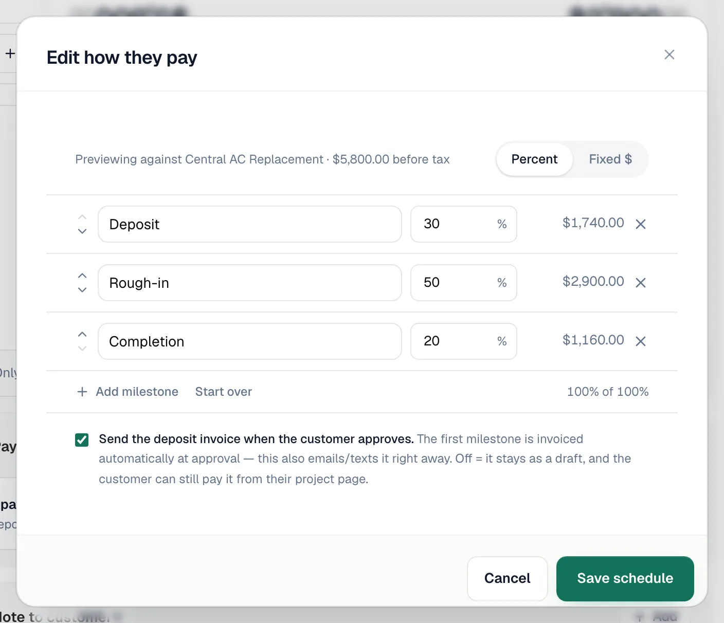 Edit how they pay window with Percent or Fixed $, three milestones, Add milestone, Start over and the deposit checkbox