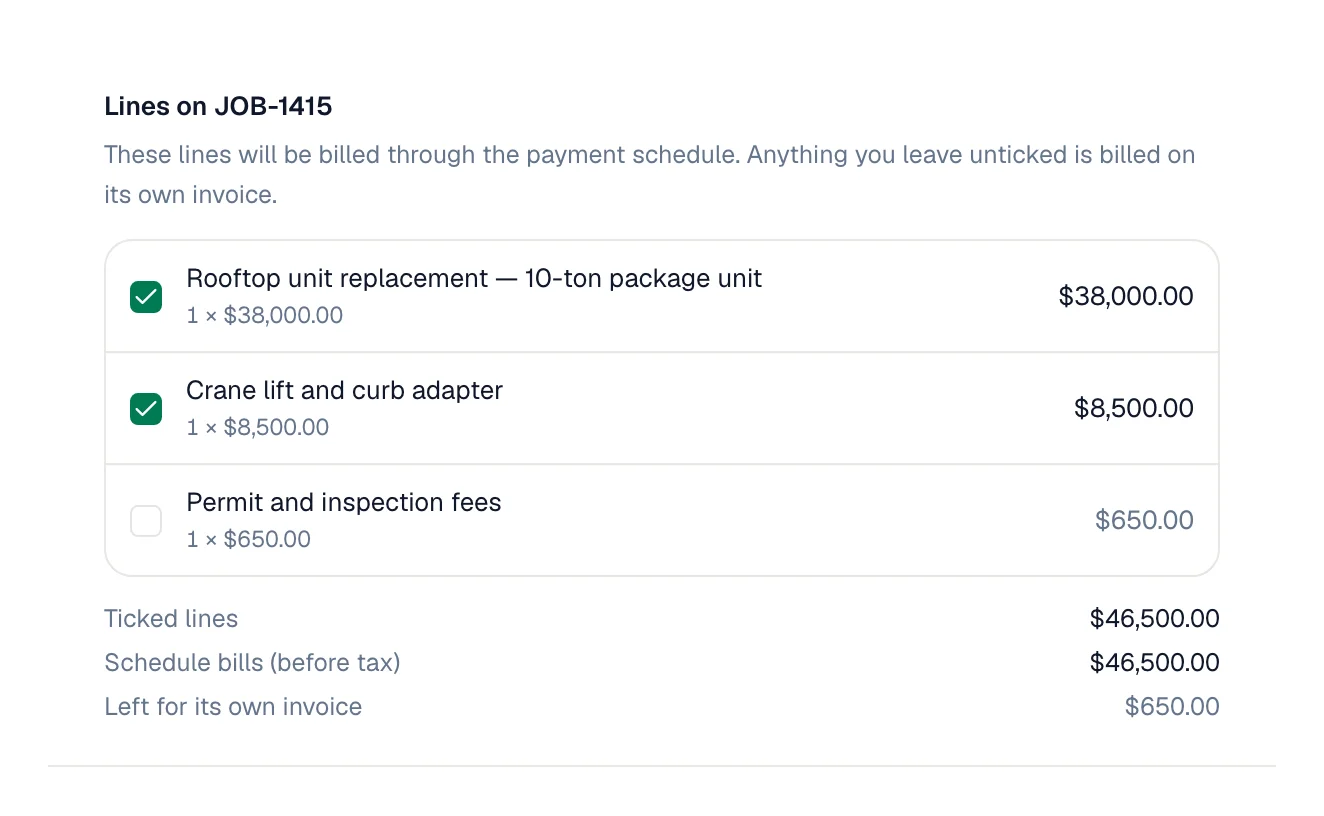The line picker in the How do they pay window, with ticked job lines and the Ticked lines and Schedule bills (before tax) totals
