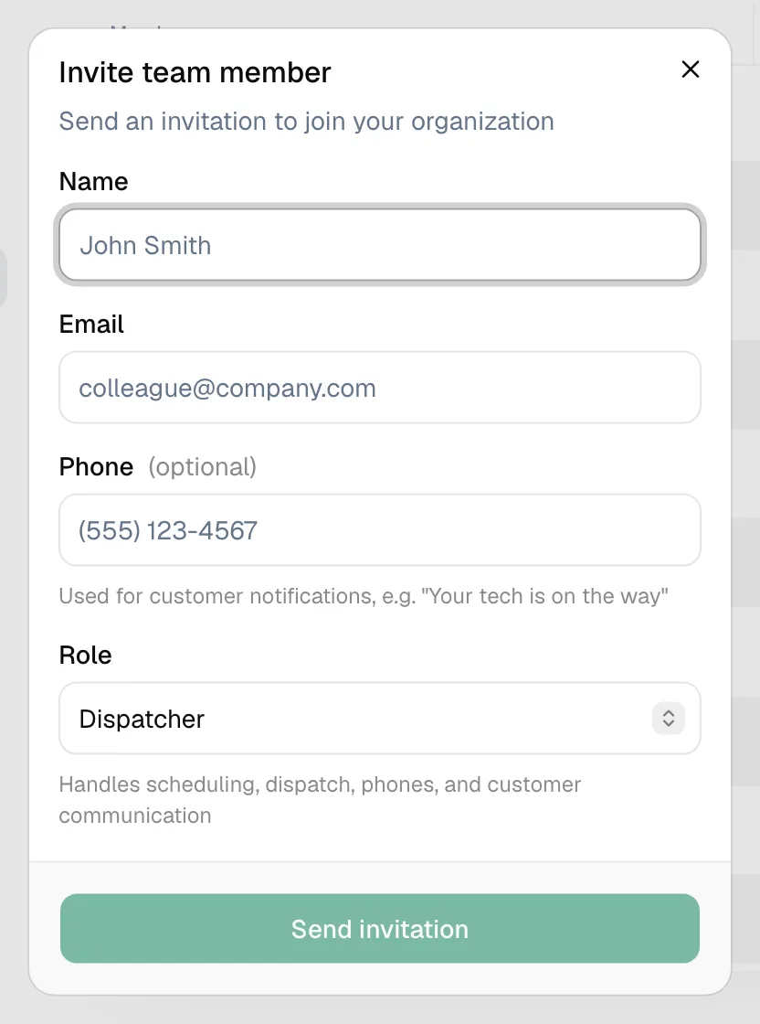 The Invite team member dialog with Name, Email, Phone, and Role