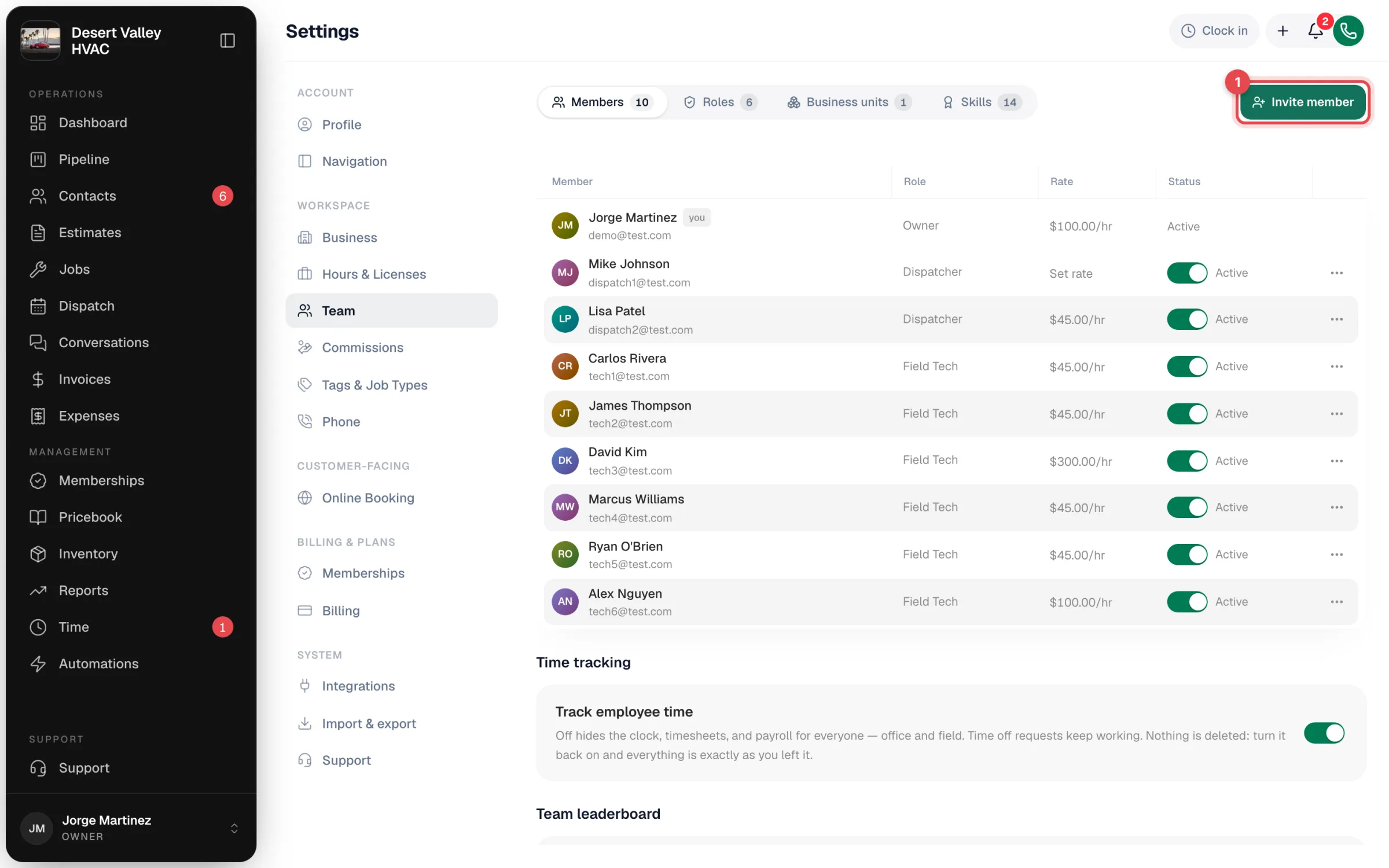 The Members list on Settings → Team, with an Active switch on each row