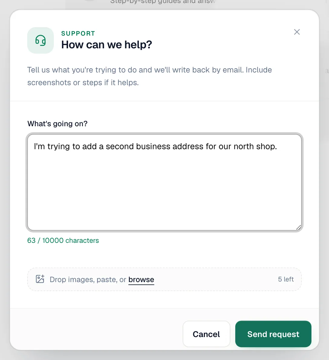 The new support request window with a message typed and the image upload area