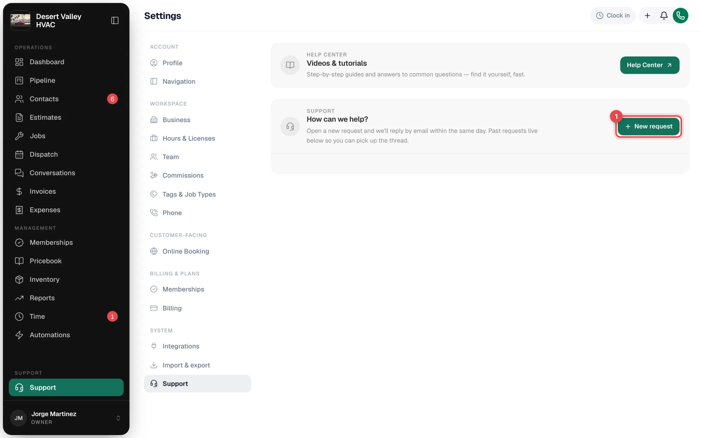 The Support page with the Help Center card and the New request button highlighted