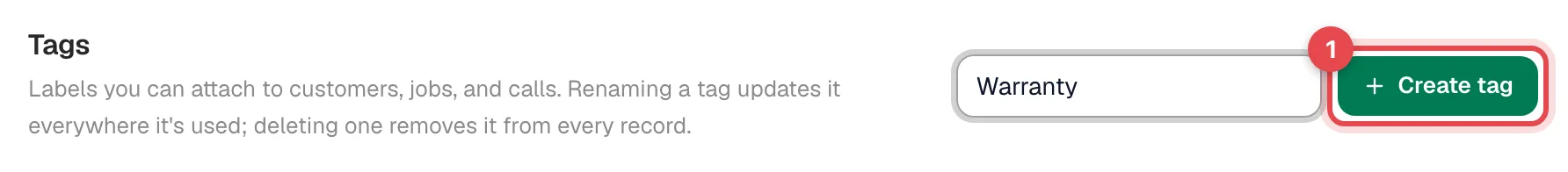 The Tags section with a new tag name typed and the Create tag button highlighted