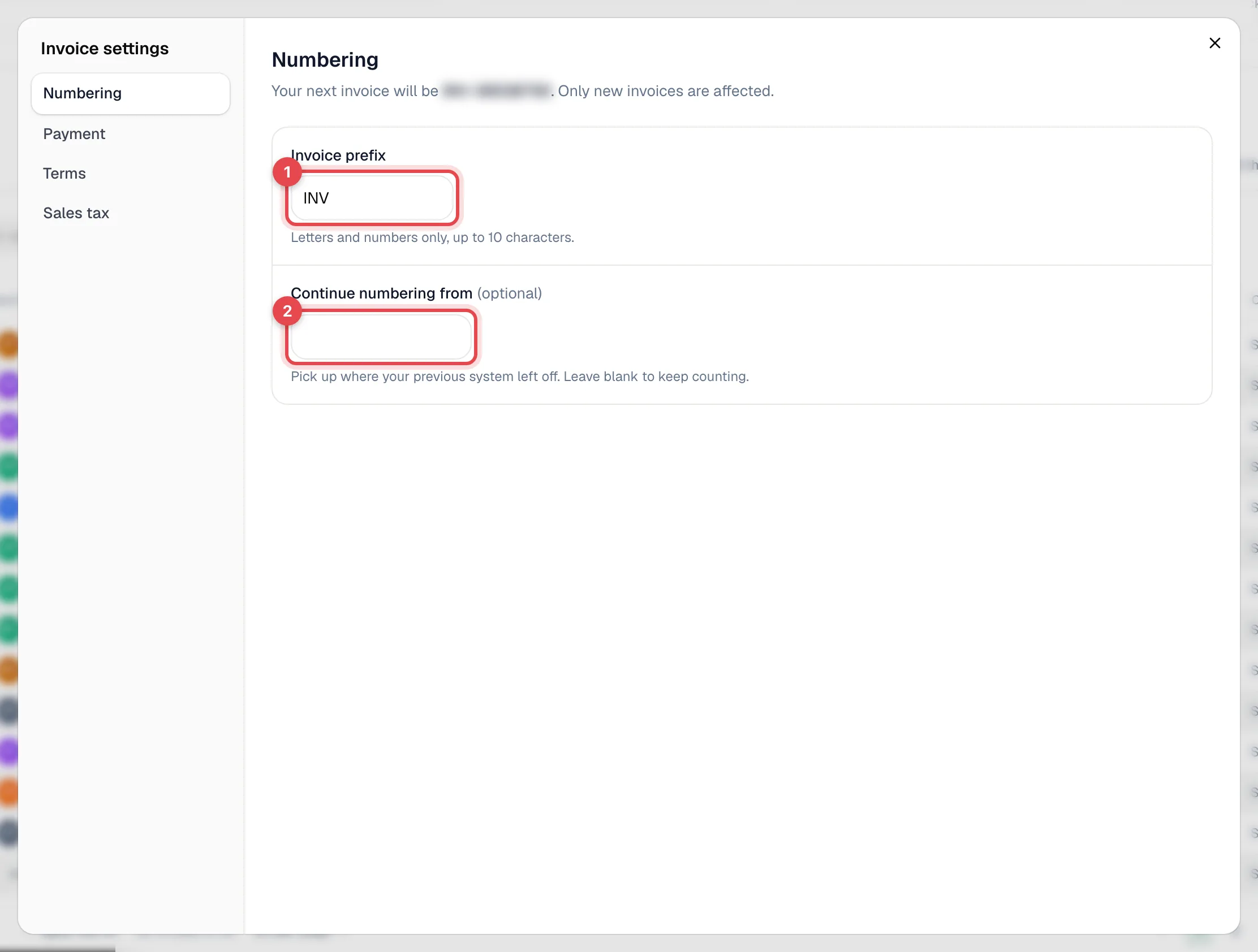 Invoice settings open on Numbering, with Invoice prefix and Continue numbering from highlighted