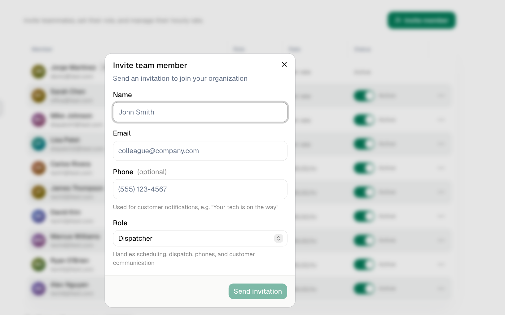 Invite team member popup