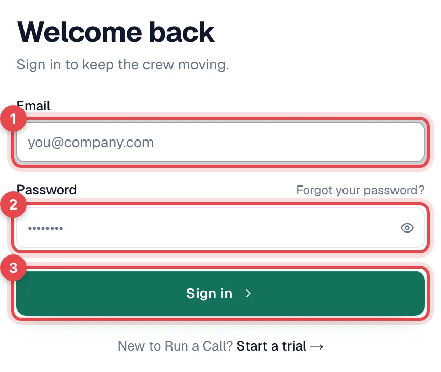 The sign-in page with the Email and Password fields and the Sign in button highlighted