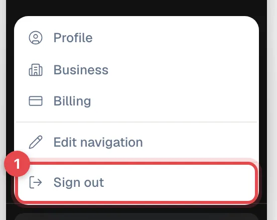 The menu under your name in the sidebar with Sign out highlighted