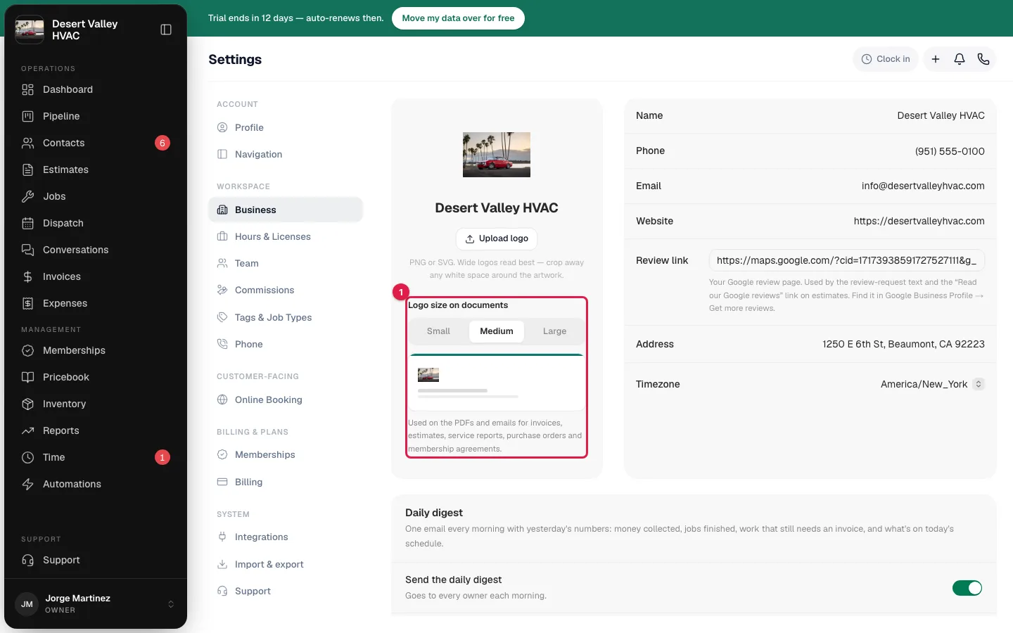 Business settings page with Logo size on documents highlighted