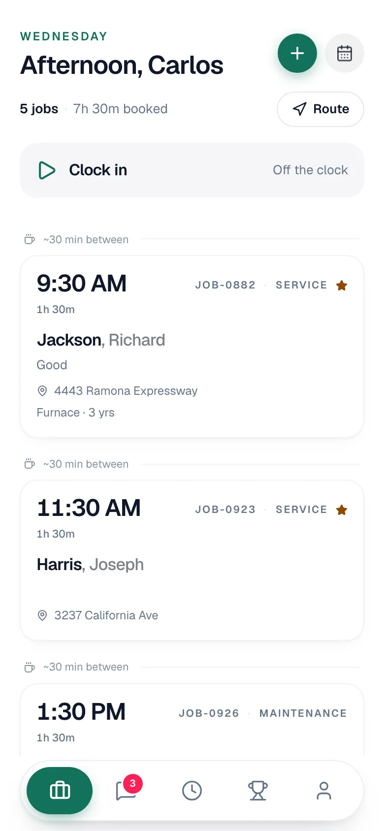 The Jobs tab in the mobile app showing today's jobs, Route, Clock in, and the bottom tabs