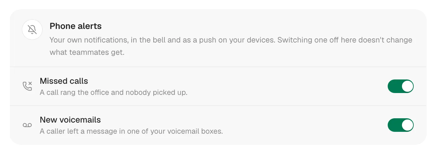 The Phone alerts card with switches for Missed calls and New voicemails