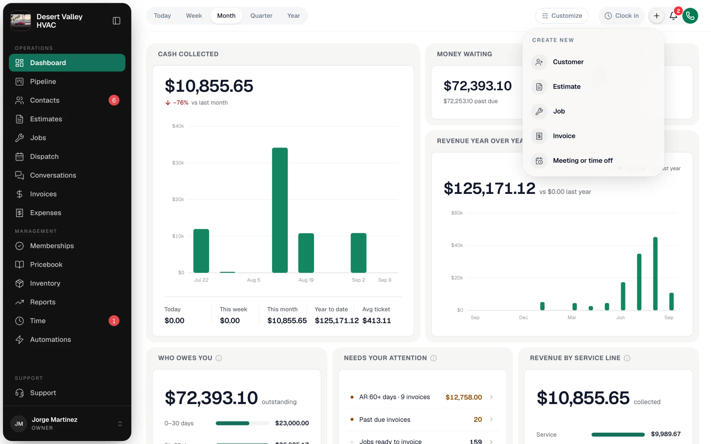 The Create new menu open from the + button, listing Customer, Estimate, Job, Invoice, and Meeting or time off