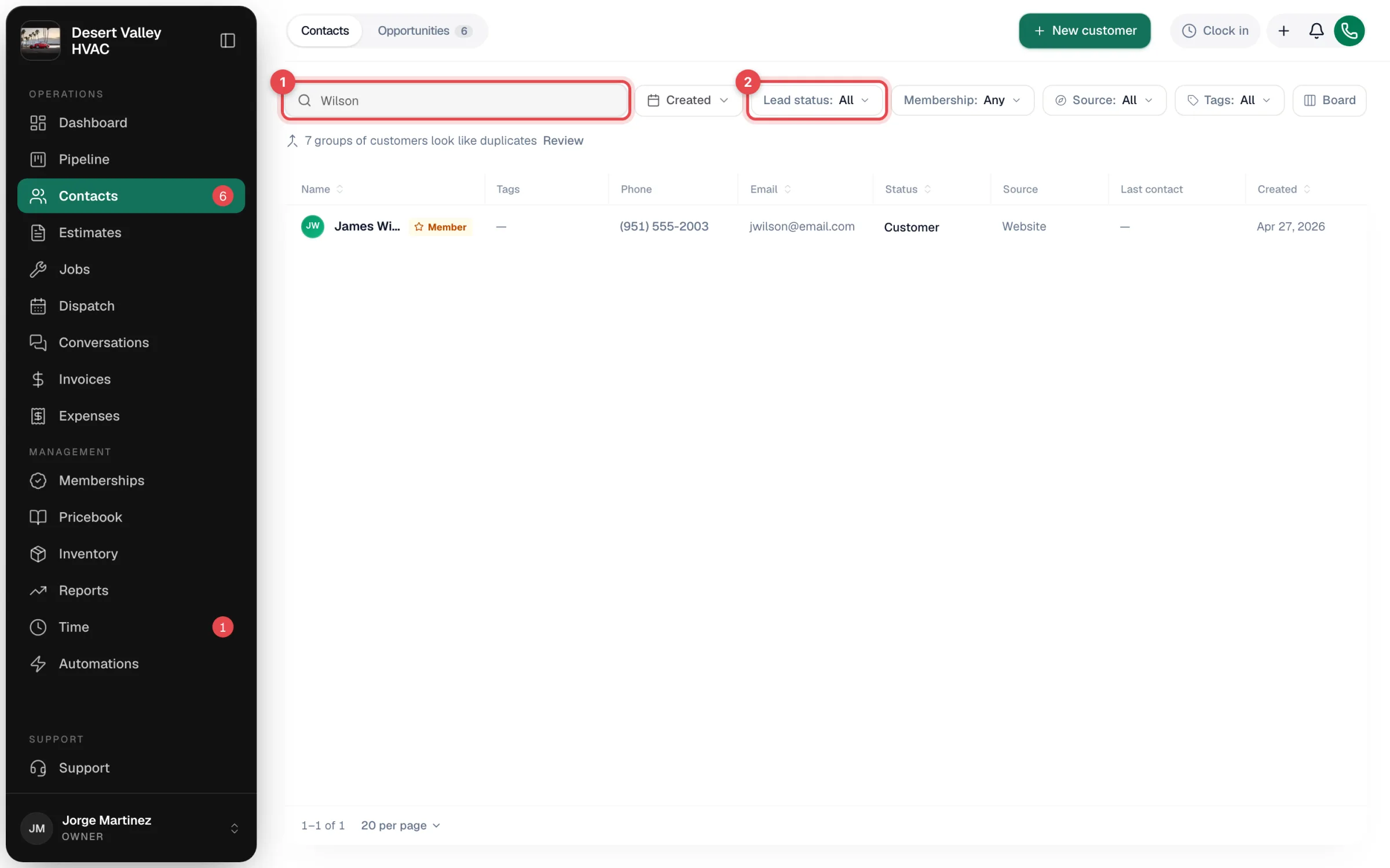 The Contacts list with a name typed in the search box and the Lead status filter highlighted
