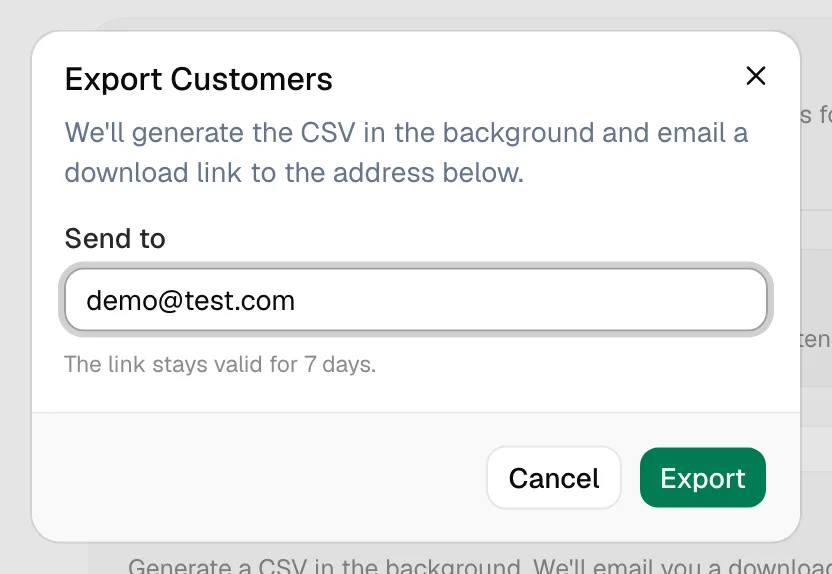 The Export Customers window with the Send to email and the Export button