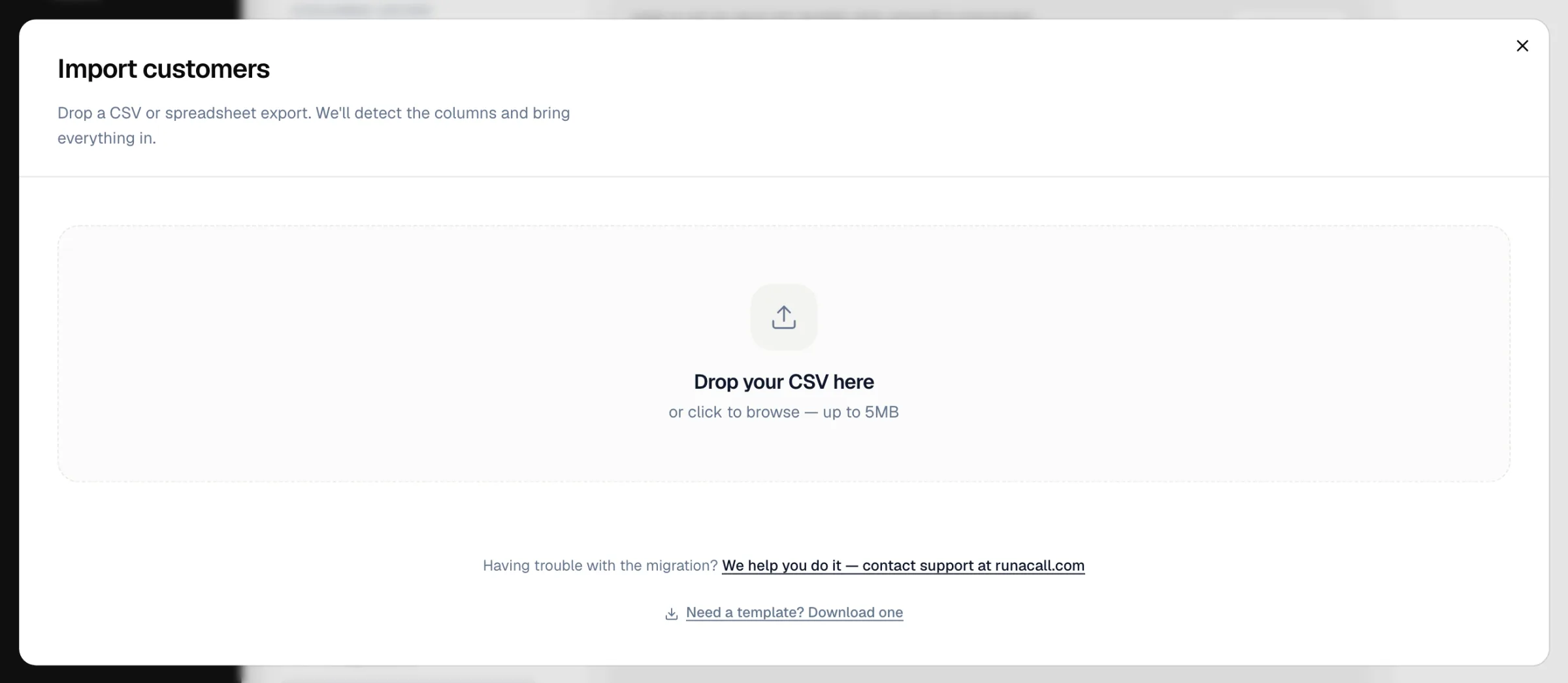 The Import customers window with the drop zone and the template download link