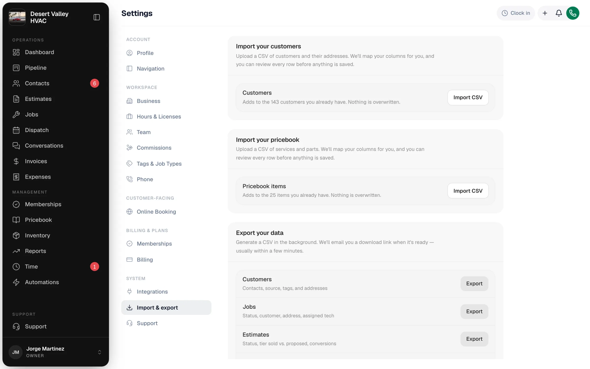 The Import & export page with Import your customers, Import your pricebook, and Export your data